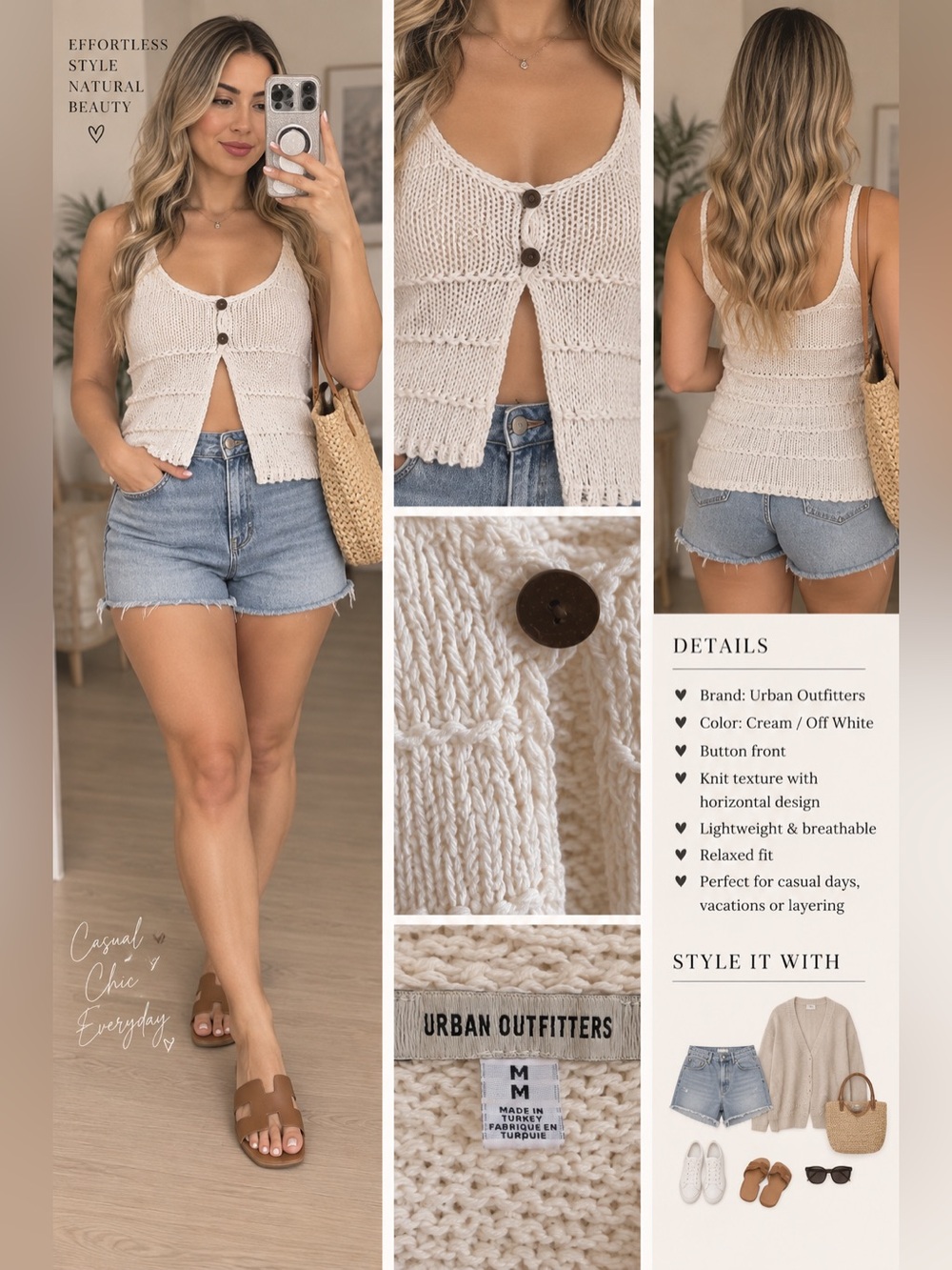Urban Outfitters Cream Knit Button-Front Tank